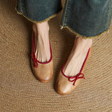 Amozae-New Women's Genuine Cowhide Leather Ballet Flats Bow Decor Soft Sole Flat Shoes Spring Autumn Low Cut Round Toe Casual Comfort