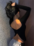 Amozae-Fall Outfits -Black long sleeve top with backless slit- Streetwear y2k outfits Fall Outfits Christmas Thanksgiving Gift New Year's Eve