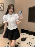 Amozae-Aesthetic Y2k Summer Crop Top Tshirts Women Clothes White Puff Sleeve Casual Sweet Short sleeve Bow T Shirt Body Tee Korea Tops