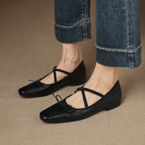 Amozae-Genuine Leather Mary Jane Shoes Women Chunky Heel Ballet Flats with Cross Elastic Strap Retro Casual Pumps for Daily Commuting