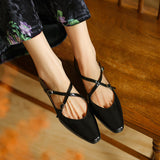 Amozae-2025 New French Cross-Strap Split Leather Mary Jane Shoes Women Ballet Flats Low Heel Square Toe for Dresses Summer Casual Pumps