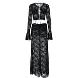 Amozae-2024 Lace See-through Two-piece Set Women Strap Flare Sleeve High Waist Long Skirt Set Summer Dress Elegant Party Evening 2PS