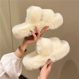 Amozae-New Winter Open Toe Slipper Fashion Fur Thick Sole Flats Heel Ladies Casual Slip On Bedroom Shoes Soft Outdoor Slides Shoes-Platform boots