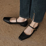 Amozae-Women Vintage Square Toe Flat Heels Sheepskin Shoes Office Ladies Belt Buckle Chunky Heels Retro Mary Janes Pumps Outdoor Wear
