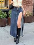 Amozae-Maxi denim skirt with a high side slit- Streetwear y2k outfits Fall Outfits Christmas Thanksgiving Gift New Year's Eve