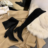 Amozae-Winter Woman Over the Knee High Boots Fashion Slip On Sock Long Boots Shoes Ladies Elegant Square Heel Women's Footwear-Platform boots