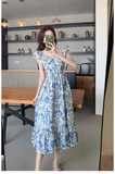 Amozae-dress to impress party dress nye outfits Women's summer blue oil painting floral dress YM1159