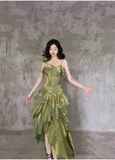 Amozae-dress to impress party dress nye outfits Irregular Ruffled Suspender Prom Dress Green Long Birthday Dress YM1628