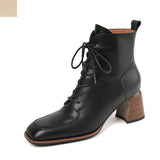 Amozae-Retro Leather Square Toe Chunky Heels Short Boots Women 2023 Autumn and Winter New Genuine Cow Leather Lace-up High-heeled Shoes