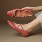 Amozae-Genuine Leather Mary Jane Shoes Women Chunky Heel Ballet Flats with Cross Elastic Strap Retro Casual Pumps for Daily Commuting