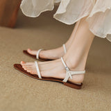 Amozae-Amozae Women New Pointed Toe Flat Heels Split Leather Shoes Summer Leisure Narrow Band Belt Buckle Sandals Женские Сандалии 2024