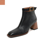 Amozae-Women Genuine Cow Leather High Heel Elegant Style Short Boots Office Ladies Pointed Toe Chunky Heels Zip Belt Buckle Ankle Boots