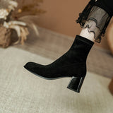 Amozae-2023 Winter Women New Fashion High Heels Solid Short Stretch Boots Ladies Round Toe Chunky Heels Slip-on Retro Style Ankle Boots
