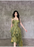 Amozae-dress to impress party dress nye outfits Irregular Ruffled Suspender Prom Dress Green Long Birthday Dress YM1628