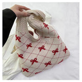 Amozae-Back To School Gifts Bow Print Coquette Knitted Tote Bag