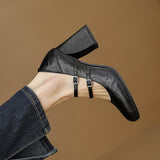 Amozae-Women Spring Genuine Leather Chunky Heels Square Toe Shoes Korean Style Femmes High Heels Belt Buckle Shallow Solid Casual Pumps