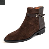 Amozae-New Women Autumn Winter Kid Suede Pointed Toe Chunky Heels Short Boots Ladies Metal Chain Decoration Handmade Retro Ankle Boots