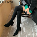 Amozae-Winter Woman Over the Knee High Boots Fashion Slip On Sock Long Boots Shoes Ladies Elegant Square Heel Women's Footwear-Platform boots