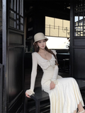 Amozae-dress to impress party dress nye outfits Off-white Round Neck Long-Sleeved Dress Lace Slim Mermaid Dress YM1815