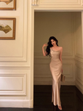 Amozae-dress to impress party dress nye outfits Classy Suspender Dress Slit Satin Champagne Long Party Dress YM1675