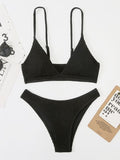 Amozae-Plain smocked V-neck bikini set- Streetwear y2k outfits Fall Outfits Christmas Thanksgiving Gift New Year's Eve