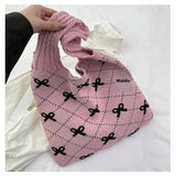 Amozae-Back To School Gifts Bow Print Coquette Knitted Tote Bag