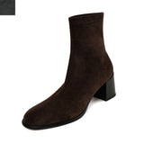 Amozae-2023 Winter Women New Fashion High Heels Solid Short Stretch Boots Ladies Round Toe Chunky Heels Slip-on Retro Style Ankle Boots