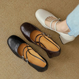Amozae-Women Spring Genuine Leather Chunky Heels Square Toe Shoes Korean Style Femmes High Heels Belt Buckle Shallow Solid Casual Pumps