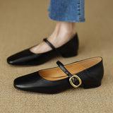 Amozae-Women New Cowhide Leather Square Toe Vintage Shoes Spring Low Heels Belt Buckle Flat Retro Office Ladies Casual Pumps Femmes