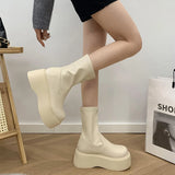 Amozae-Street Style Winter Platform Women Ankle Boots Fashion Slip On Modern Short Booties Concise Square Heels Shoes-Platform boots