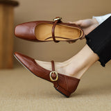 Amozae-Women New Cowhide Leather Square Toe Vintage Shoes Spring Low Heels Belt Buckle Flat Retro Office Ladies Casual Pumps Femmes