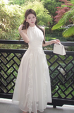 Amozae-birthday dress pretty outfits Elegant Halter Neck White Ruffled Maxi Dress