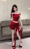 Amozae-birthday dress pretty outfits Stylish Red Off - Shoulder Set with Ruffled Skirt and Flower Decor