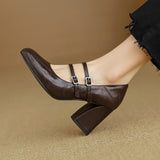 Amozae-Women Spring Genuine Leather Chunky Heels Square Toe Shoes Korean Style Femmes High Heels Belt Buckle Shallow Solid Casual Pumps