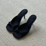 Amozae-Shoes Ladies' Slippers Low Slipers Women Thin Heels Luxury Slides Square Toe Heeled Mules Butterfly-Knot 2025 Designer Summer