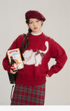 Amozae-Pullover Sweater Bow Cat Print Korean Fashion Y2k Cashmere Knitted Streetwear Female Top Autumn Winter Christmas Clothes