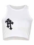 Amozae-White crop tank top with knitted cross patches- Streetwear y2k outfits Fall Outfits Christmas Thanksgiving Gift New Year's Eve