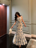 Amozae-dress to impress party dress nye outfits Pretty Blue Floral Ruffle Long Prom Dress Mermaid Party Dress YM1705