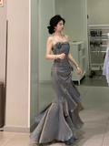 Amozae-dress to impress party dress nye outfits Pretty High Low Gray Blue Long Party Dress Mermaid Birthday Outfits YM1632