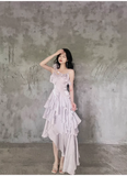 Amozae-dress to impress party dress nye outfits Irregular Ruffled Suspender Prom Dress Long Birthday Dress  YM1627