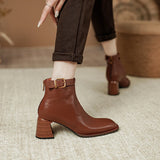 Amozae-Women Genuine Cow Leather High Heel Elegant Style Short Boots Office Ladies Pointed Toe Chunky Heels Zip Belt Buckle Ankle Boots