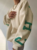 Amozae-Fall Outfits -Oversized varsity sweatshirt with green letter graphic- Streetwear y2k outfits Fall Outfits Christmas Thanksgiving Gift New Year's Eve