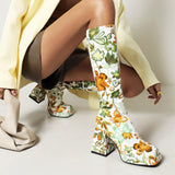 Amozae-Back To School Gifts Colorful Floral Square Toe Boots