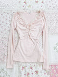 Amozae-Pink T-shirt Long sleeves Sweet Girl Clothes Lace Bandage High waist Hot Vintage 90s Clothes T shirts Femme Crop Top Kawaii Tops