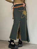 Amozae-Embroidered denim maxi skirt with slit and vintage star- Streetwear y2k outfits Fall Outfits Christmas Thanksgiving Gift New Year's Eve