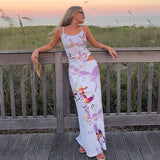 Amozae-Summer Sexy Sweet Butterfly Print Spaghetti Straps Top Slit Long Skirt Suit Backless High Waist Elegant Vacation Streetwear Set