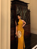 Amozae-dress to impress party dress nye outfits Sexy Gold Halter Neck Print Floral Slit Party Dress YM1671