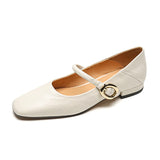 Amozae-Women Spring Genuine Leather Chunky Heels Square Toe Shoes Korean Style Femmes High Heels Belt Buckle Shallow Solid Casual Pumps