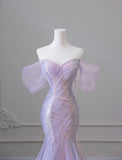 Amozae-nye outfits back to school dress  Iridescent Lilac Pearl Off-Shoulder Mermaid Dress