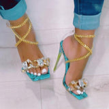 Amozae Noble Gold Chain Large Crystal High Heel Sandals